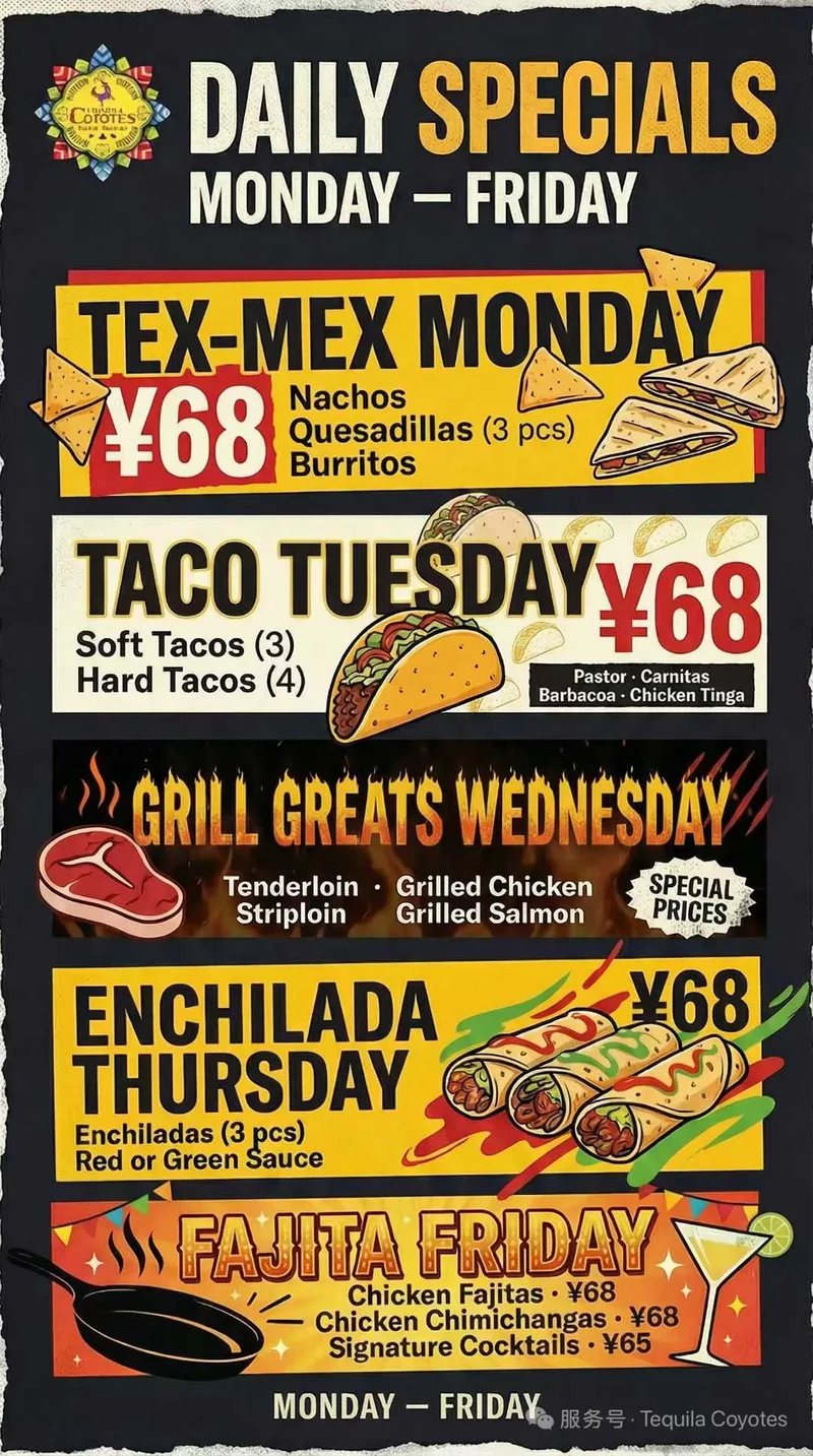 New daily specials! 2026! Taco Tuesday is back! And Fajita Friday is ON!