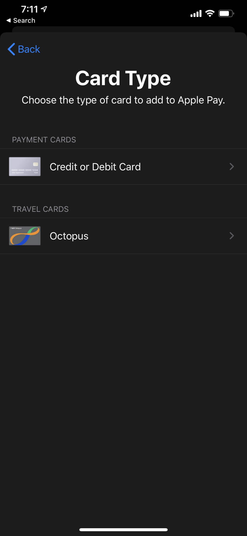 Choose the Octopus card type to get started. (Make sure your phone is set to the Hong Kong region.) / Image courtesy of Brent Deverman